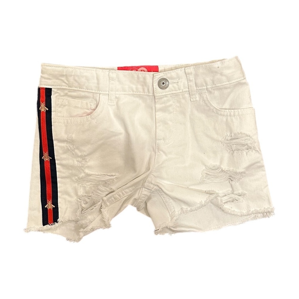 Kid’s White Denim Shorts W/ Side Bee Ribbon - Picture 2 of 8
